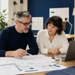 A local business owner and website strategist reviewing a sitemap and project plan